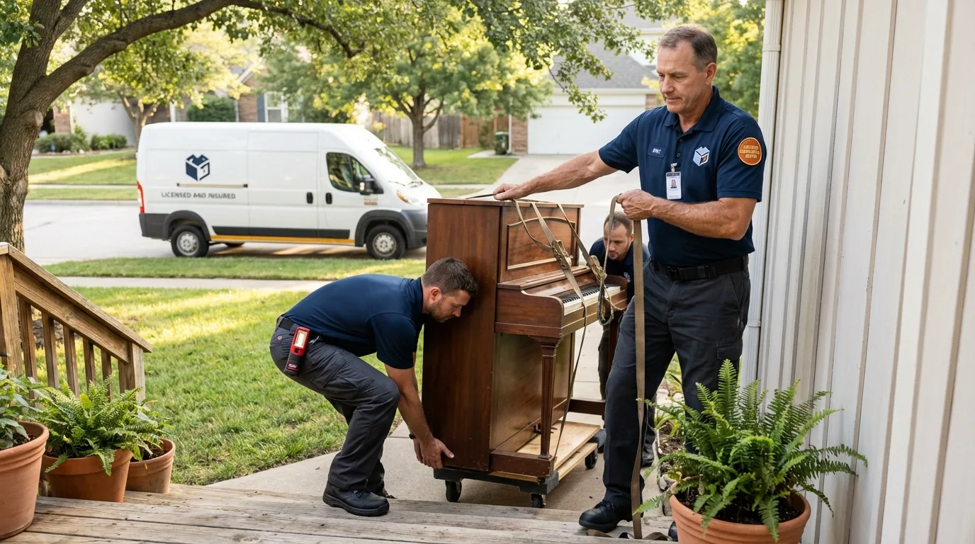 Licensed piano movers securing grand piano in Perryville, AR