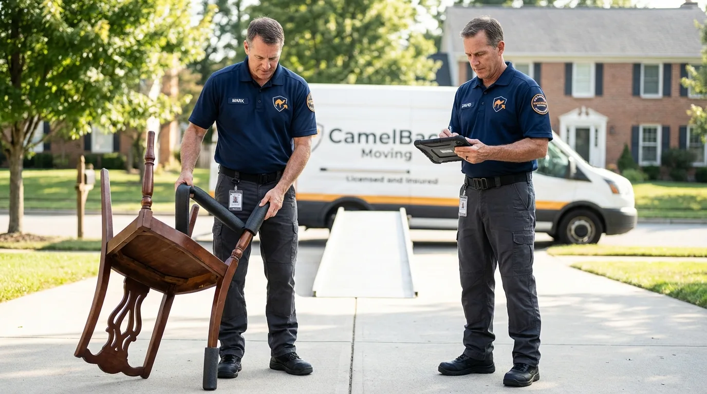 Movers inspecting furniture for damage prevention before loading in Perryville, AR