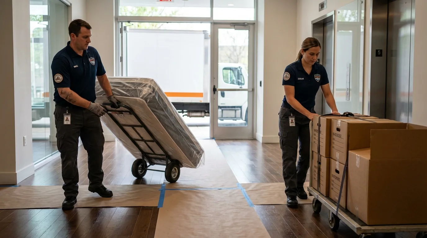 Professional apartment movers loading elevator in Perryville, AR