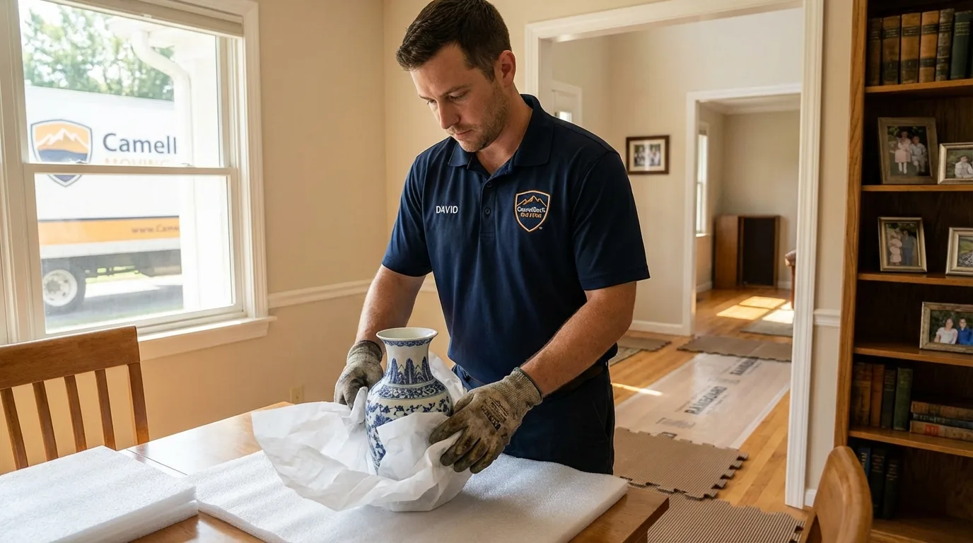 Professional crew carefully wrapping antique vase for senior downsizing move in Perryville, AR